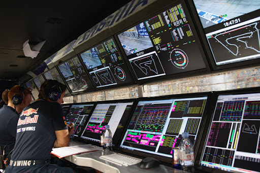 Red Bull Racing telemetry pit box and screens during practice for the Formula One Bahrain Grand Prix on 18 April 2015 at the Bahrain International Circuit in Sakhir, Bahrain. (Photo by Rainer W. Schlegelmilch/Getty Images)